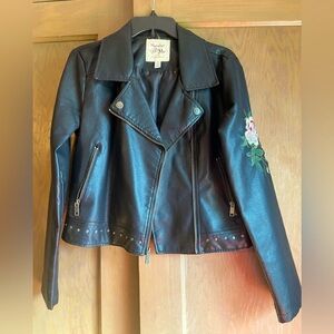 Rose Embroidered Vegan Faux Leather Black Moto Jacket medium. Bundle & save 25%